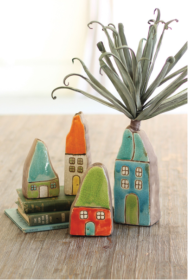 Set Of Four Colorful Ceramic House Bud Vases