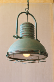 Antique Turquoise Pendant Light With Glass And Wire Cage 13"D X 19"T