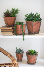 Set Of Five Terracotta Planters W Wire Wrap & Brass Detail