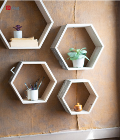 Set Of Four Recycled Wood Hexagon Wall Shelves - Whitewash