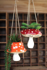 SET OF TWO CERAMIC  TOADSTOOL HANGING PLANTERS