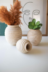 SET OF THREE NATURAL WOODEN GOURD POTS