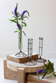 SET OF THREE WIRE WRAPPED GLASS BUD VASES