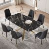 Large modern minimalist rectangular dining table with 0.39 "imitation marble black tabletop and golden metal legs, paired with chairs with PU cushions