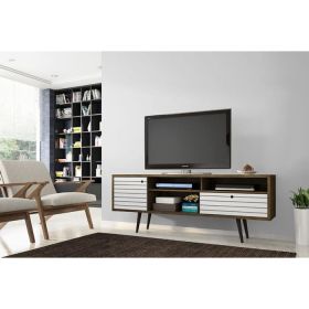 Manhattan Comfort Liberty 70.86" Mid-Century Modern TV Stand with 4 Shelving Spaces and 1 Drawer in Rustic Brown and White with Solid Wood Legs