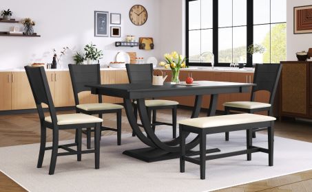 TOPMAX 6-Piece Wood Half Round Dining Table Set Kitchen Table Set with Long Bench and 4 Dining Chairs, Modern Style, Gray