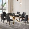 Large modern minimalist rectangular dining table with 0.39 "imitation marble black tabletop and golden metal legs, paired with chairs with PU cushions