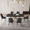 Large modern minimalist rectangular dining table with 0.39 "imitation marble black tabletop and golden metal legs, paired with chairs with PU cushions