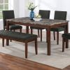 Dining Room Furniture Modern 6pcs Set Dining Table 4x Side Chairs and A Bench Ash Black Polyfiber Rubberwood Nailheads Faux Marble Top