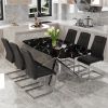 Table and chair set, large modern minimalist rectangular dining table, 0.39 "imitation marble tabletop and silver metal legs, soft leather seats. F-15