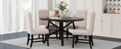 TREXM 5-Piece Retro Functional Dining Set with Extendable Round Table with Removable Middle Leaf and 4 Upholstered Chairs for Dining Room and Living R