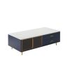 Modern Navy Blue Coffee Table with 2 Glass Door Storage, 4 Drawers, Gold Metal Legs, and Multi-Color Lighting in 47.2''