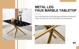 Large modern minimalist rectangular dining table with 0.39 "imitation marble black tabletop and golden metal legs, paired with chairs with PU cushions