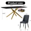 Large modern minimalist rectangular dining table with 0.39 "imitation marble black tabletop and golden metal legs, paired with chairs with PU cushions