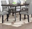 Modern Classic Dining Room Furniture Natural Wooden Rectangle Top Dining Table 6x Side Chairs Gray Fabric Nail heads Trim and Storage Shelve 7pc Dinin