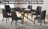 Large modern minimalist rectangular dining table with 0.39 "imitation marble black tabletop and golden metal legs, paired with chairs with PU cushions