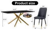 Large modern minimalist rectangular dining table with 0.39 "imitation marble black tabletop and golden metal legs, paired with chairs with PU cushions