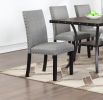 Modern Classic Dining Room Furniture Natural Wooden Rectangle Top Dining Table 6x Side Chairs Gray Fabric Nail heads Trim and Storage Shelve 7pc Dinin