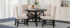 TREXM 5-Piece Retro Functional Dining Set with Extendable Round Table with Removable Middle Leaf and 4 Upholstered Chairs for Dining Room and Living R