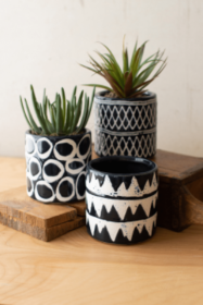 Set Of Three Navy Ceramic Pattern Planters