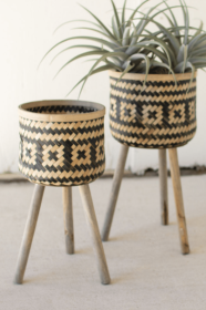 Set Of Two Woven Blk & Nat Bamboo Plant Stands W Wood Legs