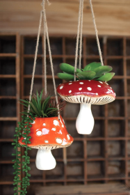 SET OF TWO CERAMIC  TOADSTOOL HANGING PLANTERS