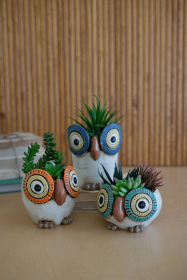 SET OF THREE CERAMIC OWL PLANTERS