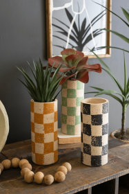 SET OF THREE CHECKERED CLAY CYLINDER VASES