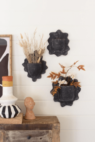 SET OF THREE BLACK WAVY CLAY WALL PLANTERS