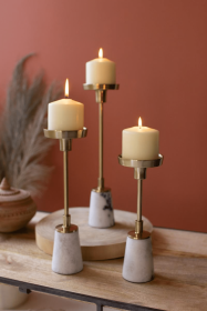 SET OF THREE BRASS TAPER CANDLE HOLDERS WITH MARBLE BASES