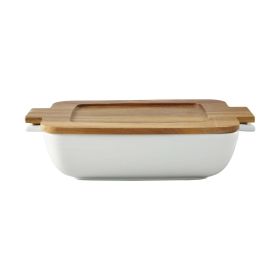 Better Homes & Gardens Ceramic Oven to Table Serveware Dish with Acacia Lid, 13.39 x 9.06 x 3.39 in