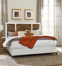 Beautiful White and Walnut Finish 1pc Queen Bed Chervon Wood Headboard with 2 USB Ports Modern Bedroom Furniture