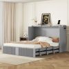 Queen Size Murphy Bed Wall Bed with drawer and a set of Sockets & USB Ports, Pulley Structure Design, Gray