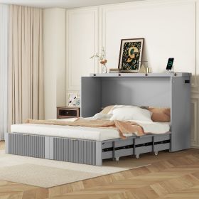 Queen Size Murphy Bed Wall Bed with drawer and a set of Sockets & USB Ports, Pulley Structure Design, Gray