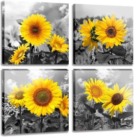 4 Pieces Sunflower Wall Art Black and Yellow Pictures for Living Room Floral Paintings for Wall Decorations