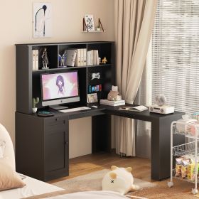 L Shaped Desk with Charger,Computer Desk with Drawers,Bookshelf & Hutch,Modern Corner Desk,Home Office Desk,L-Shaped Study Table Writing Desk,Corner G