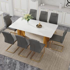 Table and chair set.The table has a glass tabletop with imitation marble pattern stickers and stainless steel golden table legs. Paried with comfortab