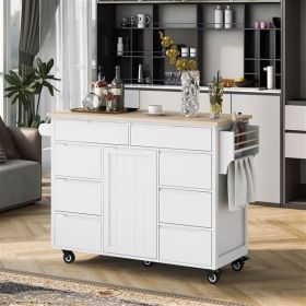 Store Kitchen Cart with Rubber Wood Countertop , Kitchen Island has 8 Handle-Free Drawers Including a Flatware Organizer and 5 Wheels for Kitchen Dinn