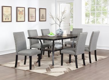 Modern Classic Dining Room Furniture Natural Wooden Rectangle Top Dining Table 6x Side Chairs Gray Fabric Nail heads Trim and Storage Shelve 7pc Dinin