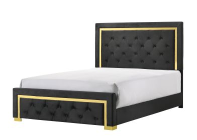 Contemporary Glam Queen Black Fabric Upholstered Panel 1pc Queen Bed Black Fabric Gold Legs Bedroom Furniture