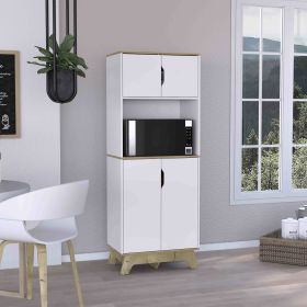 Pamplona Microwave Tall Cabinet Counter Surface, Top And Lower Double Doors Cabinets -Light Oak / White