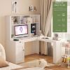 L Shaped Desk with outlet, Computer Desk with Drawers, Bookshelf & Hutch, Modern Corner Desk, Home Office Desk,L-Shaped Study Table Writing Desk,Corne