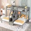 Twin over Twin & Twin Bunk Bed with Built-in Staircase and Storage Drawer