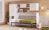 Twin Size Murphy Bed with Open Shelves and Storage Drawers,Built-in Wardrobe and Table, White