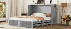 Queen Size Murphy Bed Wall Bed with drawer and a set of Sockets & USB Ports, Pulley Structure Design, Gray