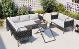 TOPMAX 5-Piece Modern Patio Sectional Sofa Set Outdoor Woven Rope Furniture Set with Glass Table and Cushions, Black+Gray