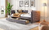 Sofa bed with drawers, modern velvet upholstered sofa bed with button tufted sofa bed frame with double drawers, bedroom living room furniture, Grey(8