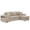 104" Modern L-Shape 3 Seat Reversible Sectional Couch, Pull Out Sleeper Sofa with Storage Chaise and 2 Stools for Living Room Furniture Set, Cream