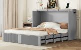 Queen Size Murphy Bed Wall Bed with drawer and a set of Sockets & USB Ports, Pulley Structure Design, Gray