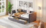 Sofa bed with drawers, modern velvet upholstered sofa bed with button tufted sofa bed frame with double drawers, bedroom living room furniture, Grey(8